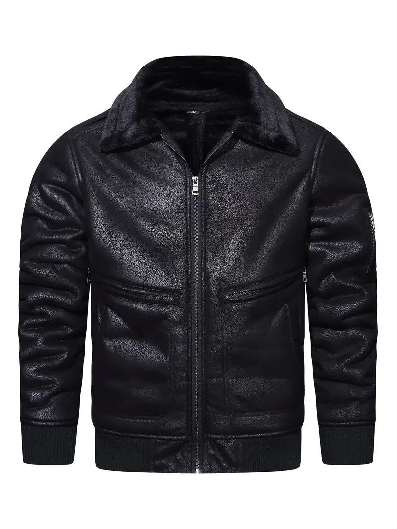Vegan Leather Jacket with Shearling Collar