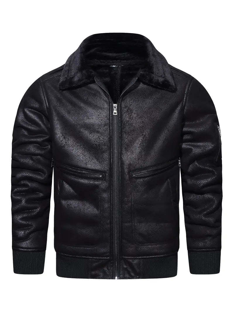 Vegan Leather Jacket with Shearling Collar