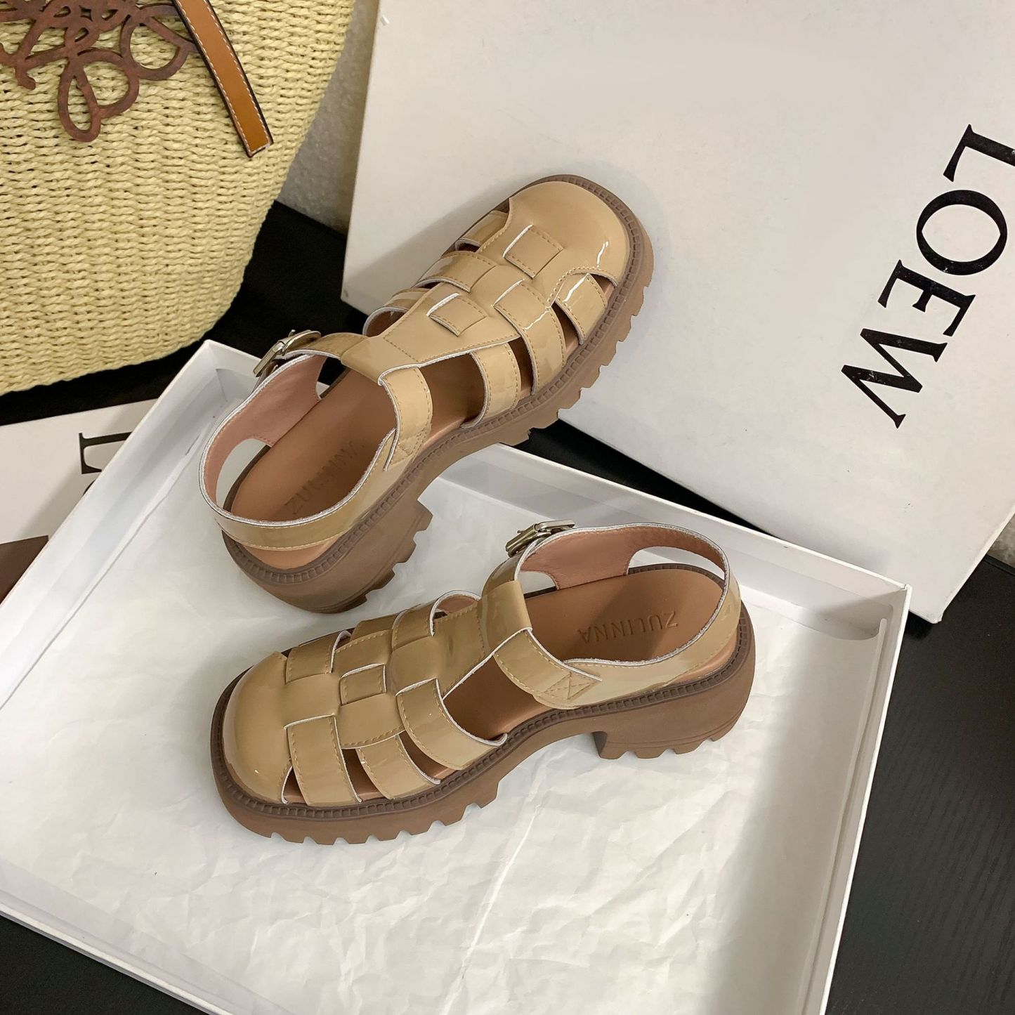 Closed Toe Slingback Mary Jane Shoes Chunky Heel T-Strap Sandals