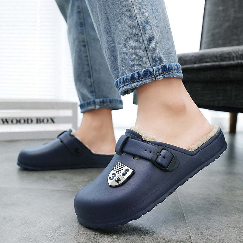 Men Fluffy Plush Slippers PU Winter Mule Clogs