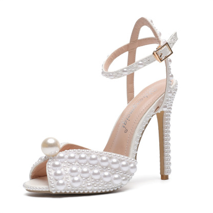 Women's Wedding Shoes Pearl Wedding Sandals Bridal Shoes Elegant Peep Toe Platform Flare Heel Shoes