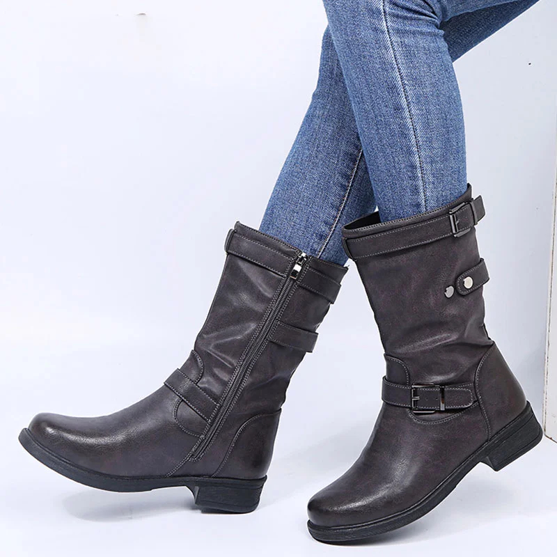 Low Heel Women's Boots with Polished Color Belt Buckle
