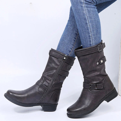Low Heel Women's Boots with Polished Color Belt Buckle