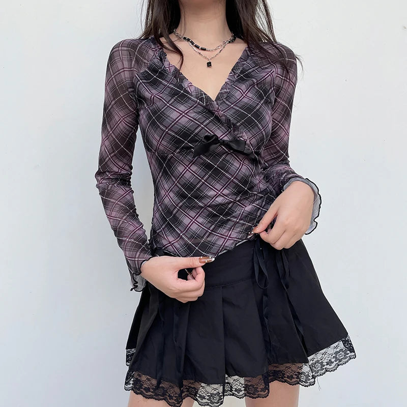 Plaid Ruffle Trim Blouse