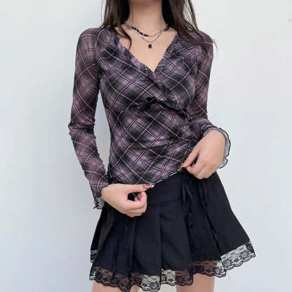 Plaid Ruffle Trim Blouse