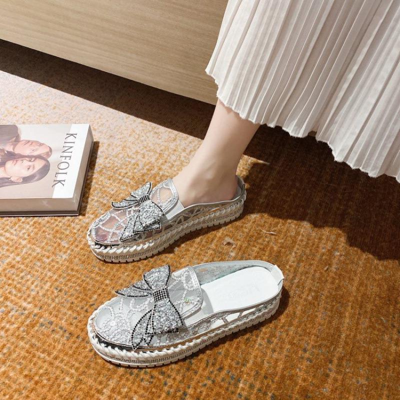 New Crystals Butterfly-knot Flat Platform Heels Half Slippers Women Bl