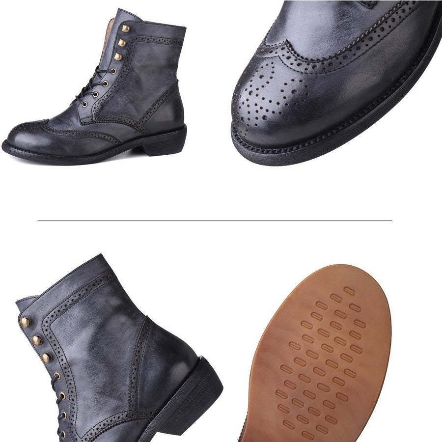 Handmade Wingtip Shoes Leather Martin Boots Block Carving Brogue Ankle Boot For Women