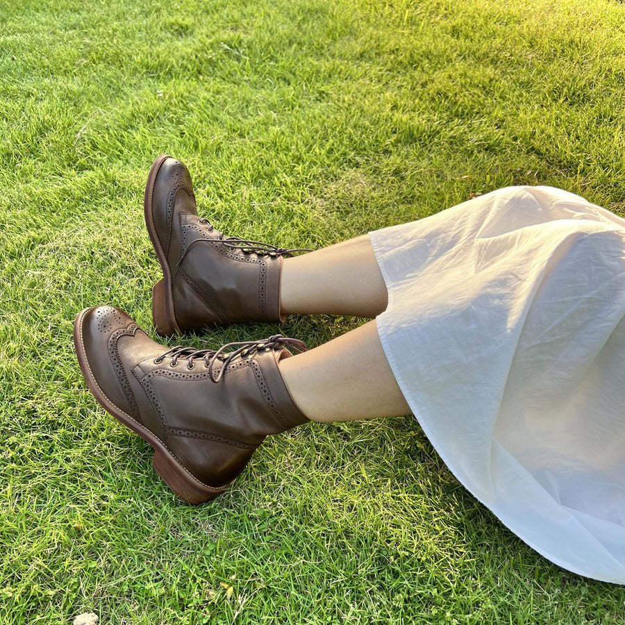 Handmade Wingtip Shoes Leather Martin Boots Block Carving Brogue Ankle Boot For Women