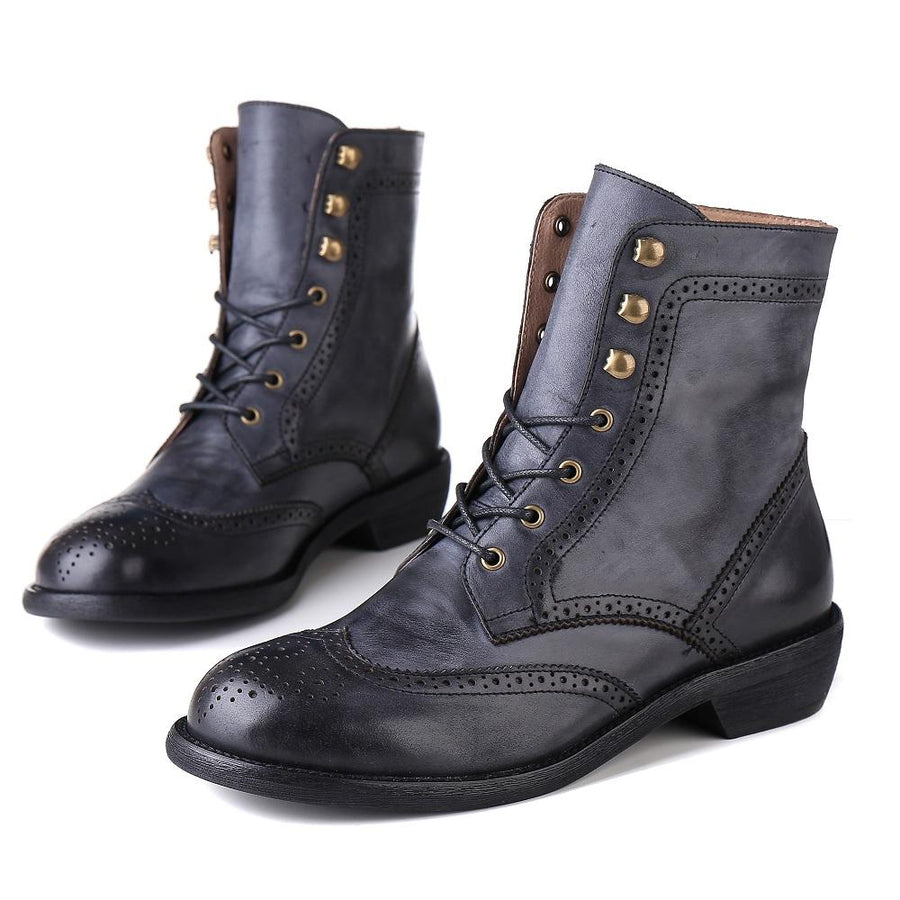 Handmade Wingtip Shoes Leather Martin Boots Block Carving Brogue Ankle Boot For Women