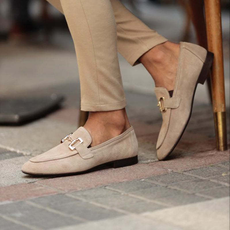 Men’s Suede Loafers - Elegant Horsebit Detail - Almond Toe - Versatile Semi-Formal Wear