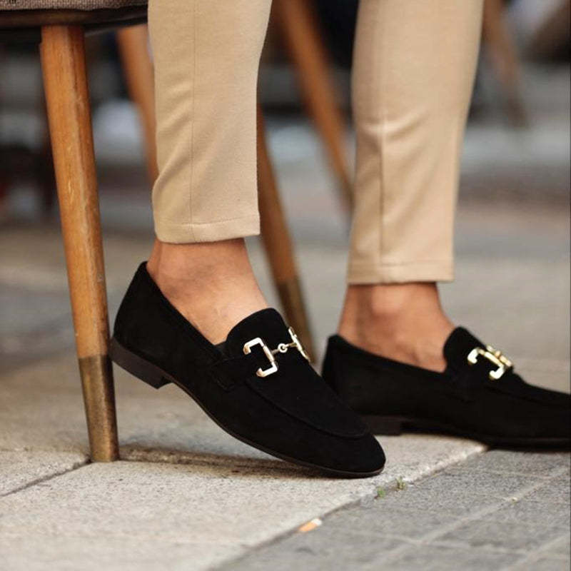 Men’s Suede Loafers - Elegant Horsebit Detail - Almond Toe - Versatile Semi-Formal Wear