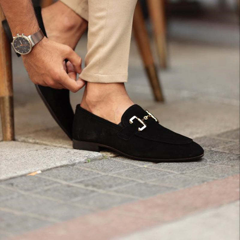 Men’s Suede Loafers - Elegant Horsebit Detail - Almond Toe - Versatile Semi-Formal Wear