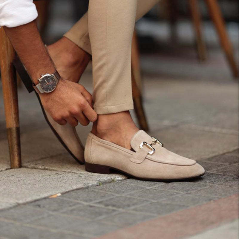 Men’s Suede Loafers - Elegant Horsebit Detail - Almond Toe - Versatile Semi-Formal Wear