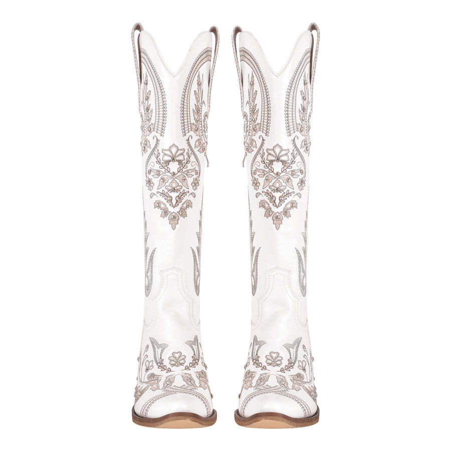 Embroidery Rhinestone Chunky Heel Thigh High Boots