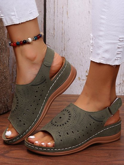 Ethnic Pattern Punched Hollow Velcro Vintage Sandals