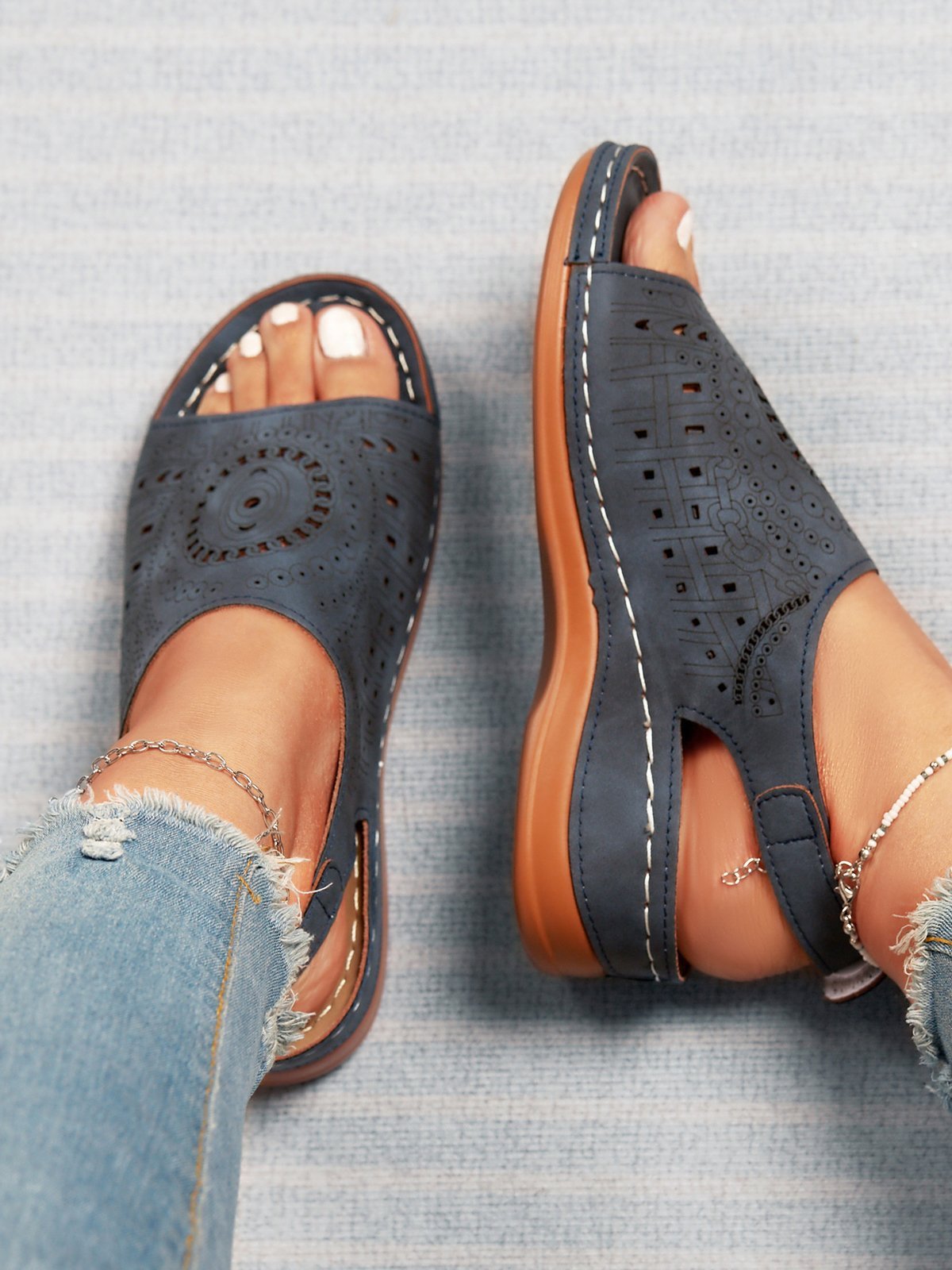 Ethnic Pattern Punched Hollow Velcro Vintage Sandals