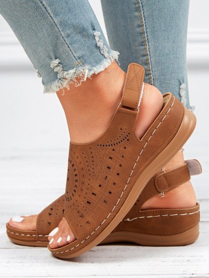Ethnic Pattern Punched Hollow Velcro Vintage Sandals