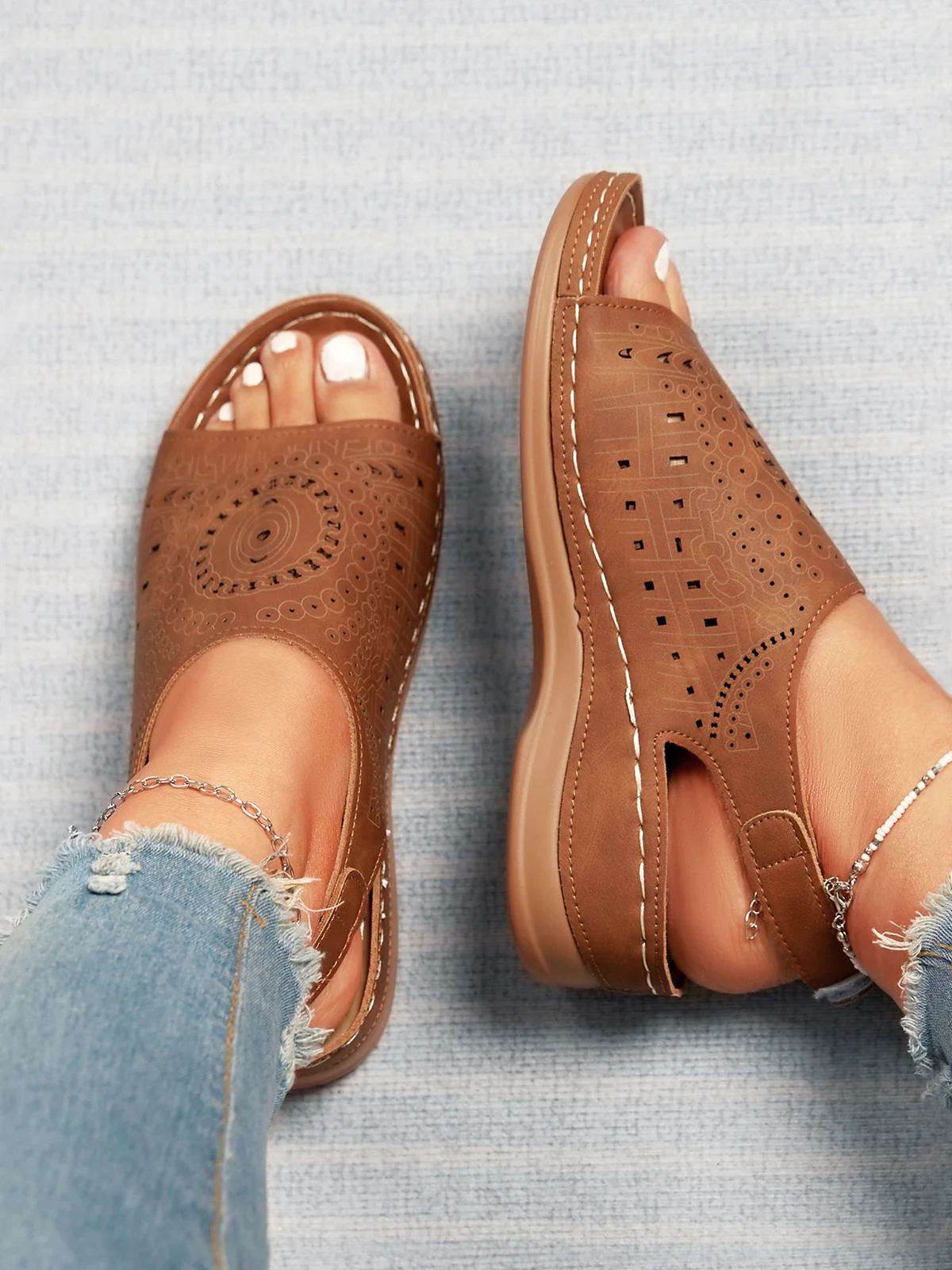 Ethnic Pattern Punched Hollow Velcro Vintage Sandals