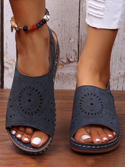 Ethnic Pattern Punched Hollow Velcro Vintage Sandals