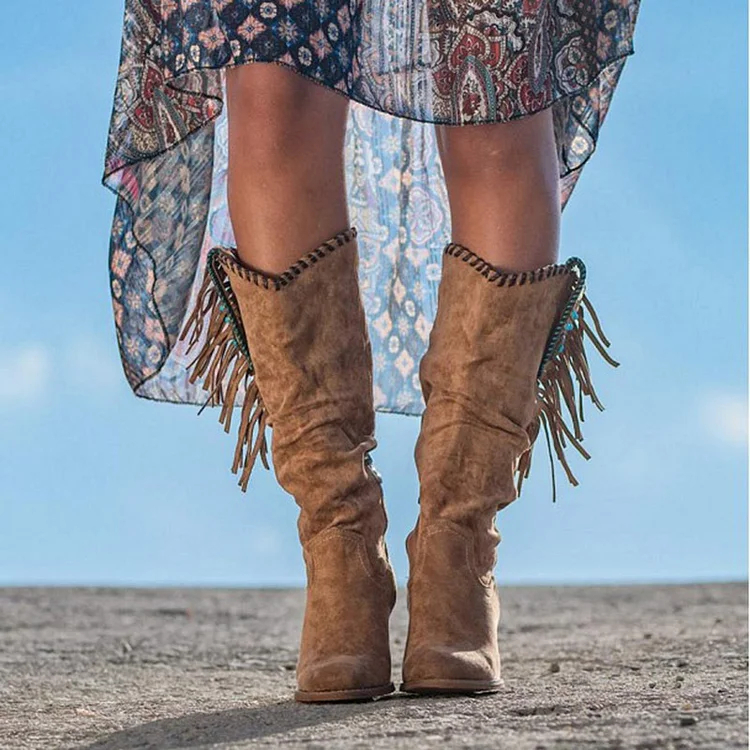 Fashion Thick Heel Frosted High-Tube Fringed Women's Boots