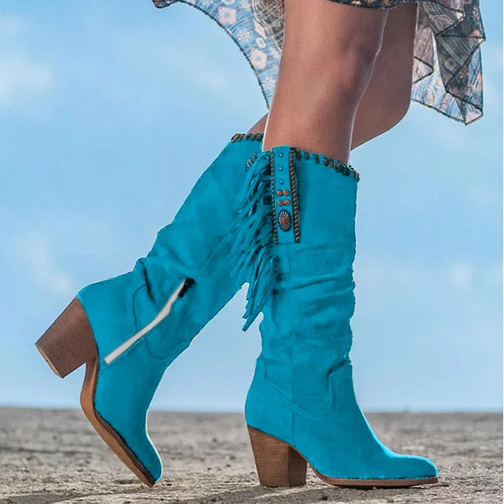 Fashion Thick Heel Frosted High-Tube Fringed Women's Boots