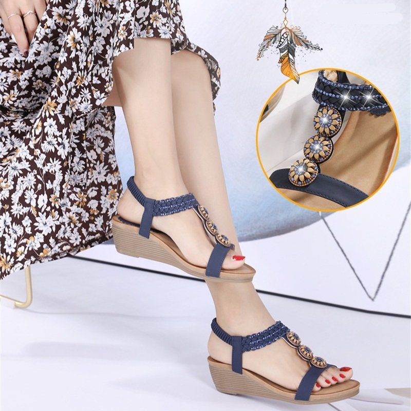 Wedge Orthopedic Sandals Women Boho Floral Rhinestoned Sandals Ankle Strap Summer