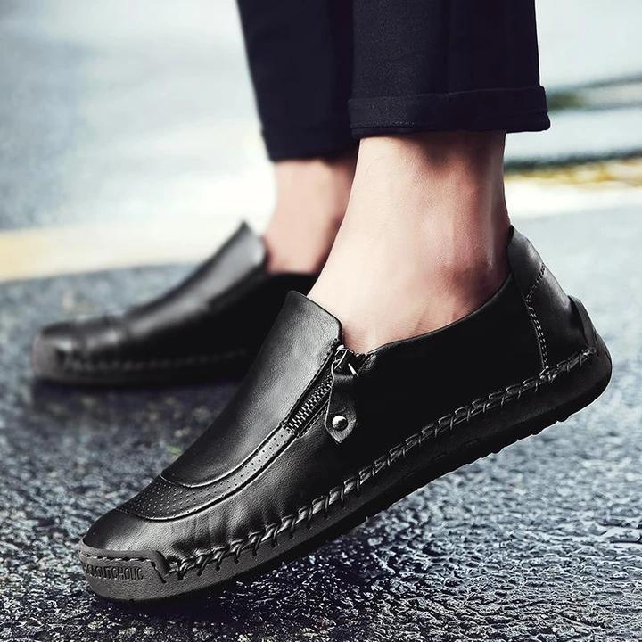 Men Hand Stitching Zipper Slip-ons Leather Shoes