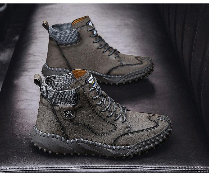 Men Ankle Boots Winter Warm Snow Boots Thick Plush Men Handmade Leather Boots Outdoor Waterproof Work Boots
