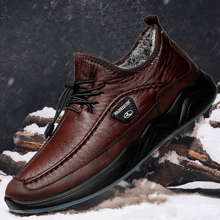 Men's Plush Lining Warm Elastic Lace Non Slip Casual Leather Shoes