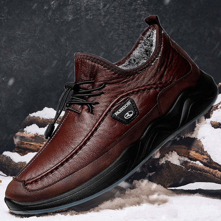 Men's Plush Lining Warm Elastic Lace Non Slip Casual Leather Shoes
