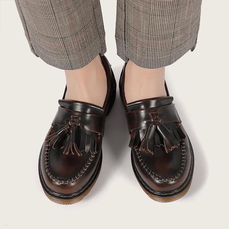 Waxing leather Penny Loafers with Tassels Handmade Working Shoes 