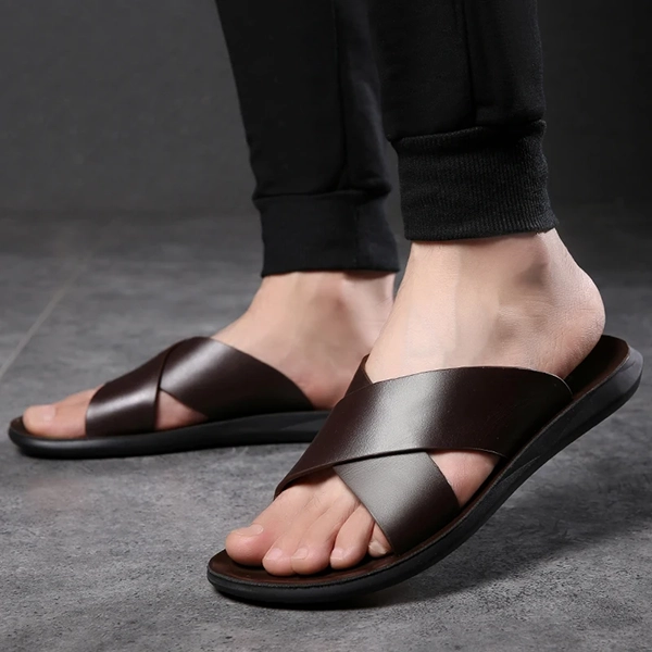 Men’s Genuine Leather Slippers Summer Cross Sandals