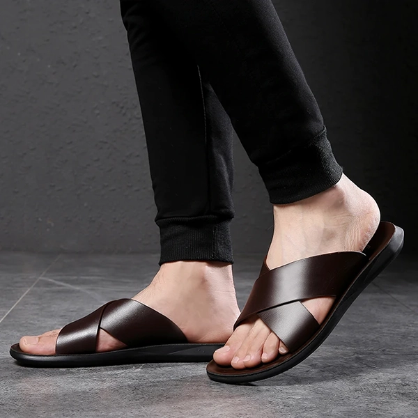 Men’s Genuine Leather Slippers Summer Cross Sandals