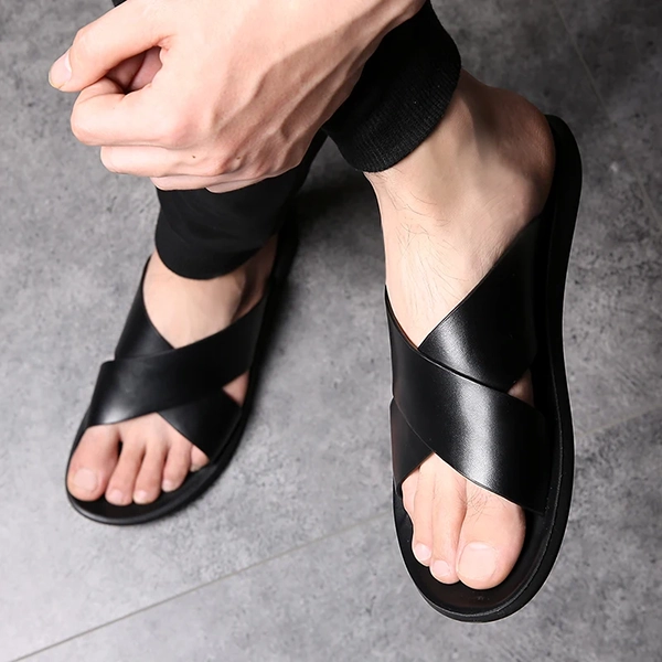 Men’s Genuine Leather Slippers Summer Cross Sandals