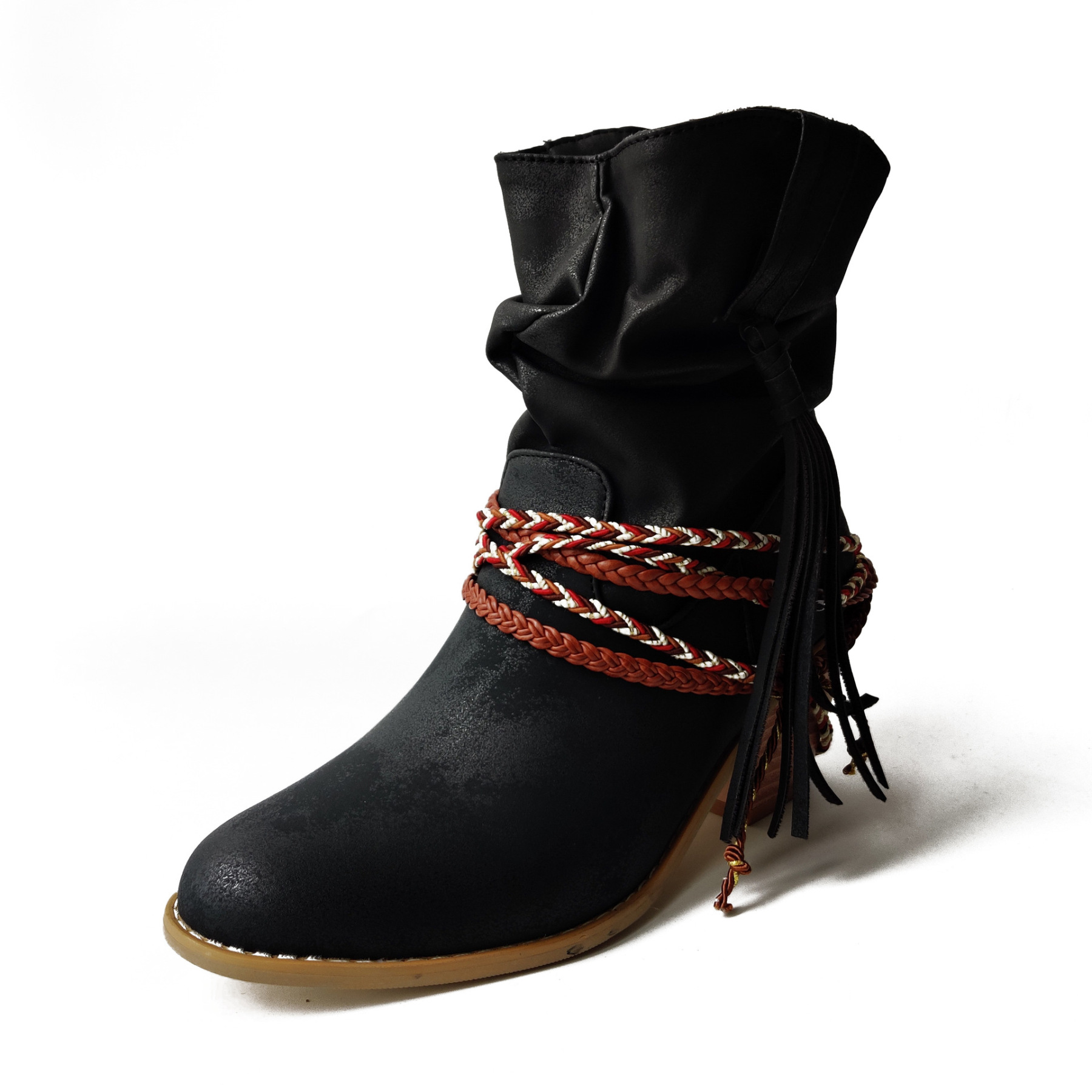 Retro Distressed Solid Color Round Toe Ankle Boots