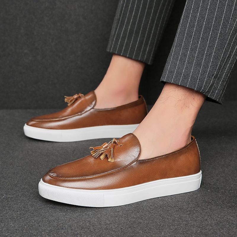 Men’s Slip-On Loafers - Leather Upper - Tassel Detail - Comfortable Rubber Sole