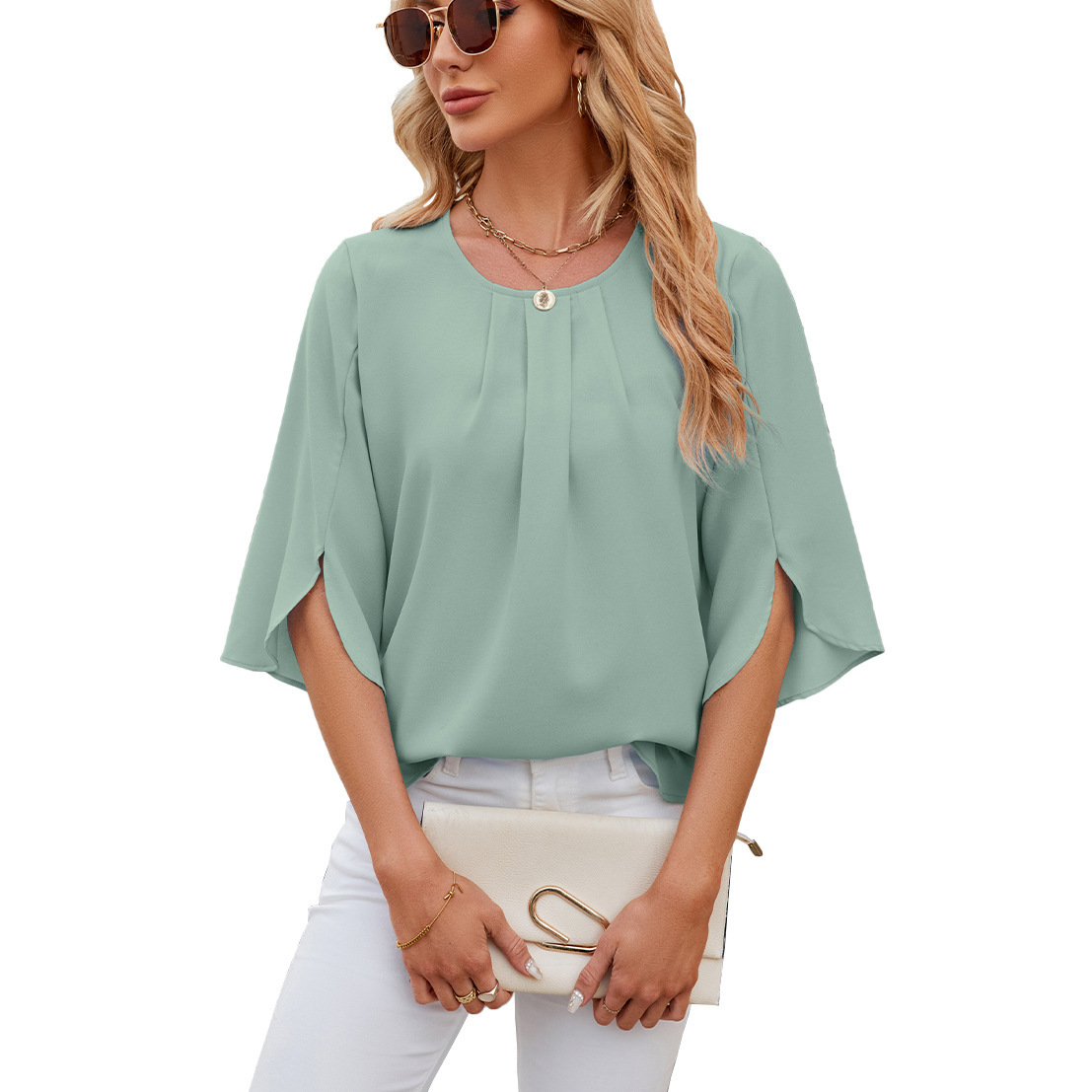 Pleated Neckline Half-Sleeve Blouse