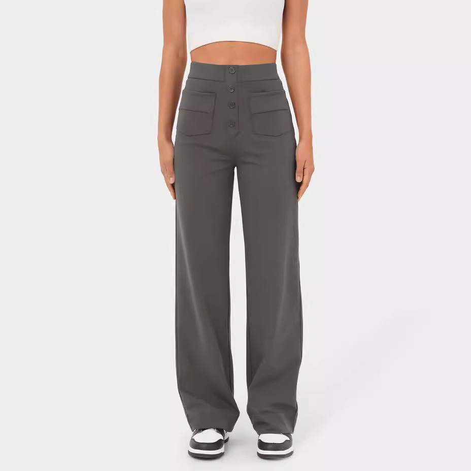 High Waisted Button Multiple Pockets Straight Leg Casual Pants