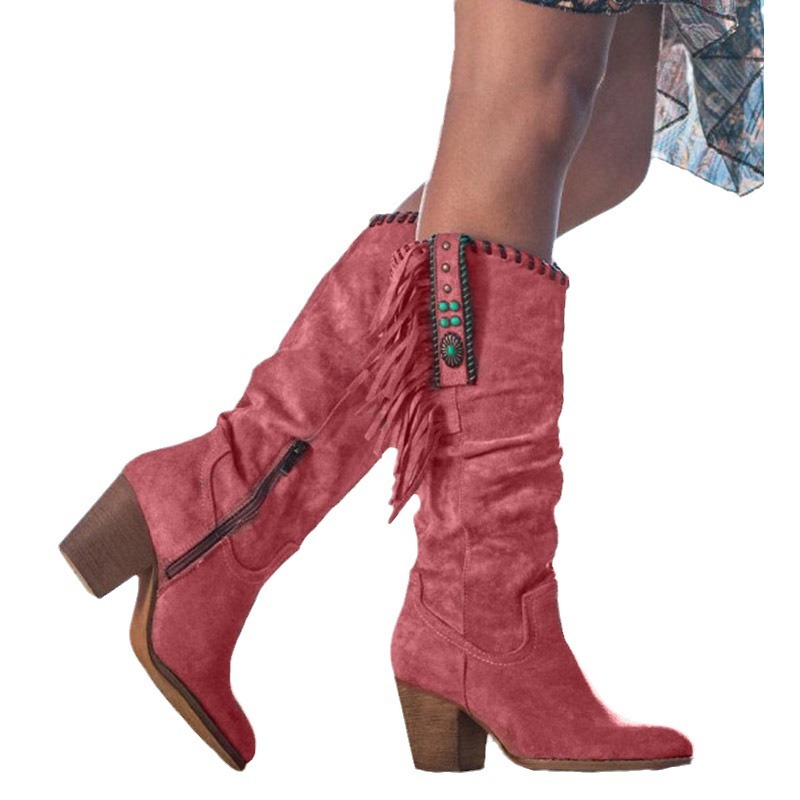 Fashion Thick Heel Frosted High-Tube Fringed Women's Boots
