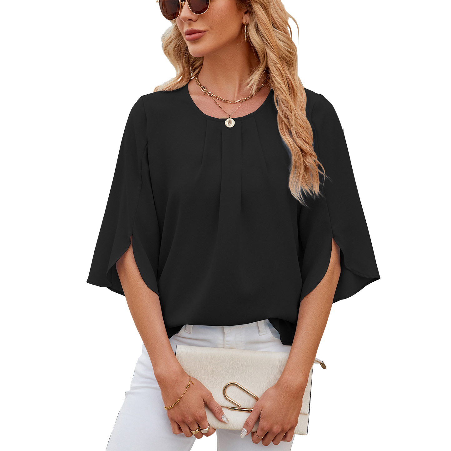 Pleated Neckline Half-Sleeve Blouse