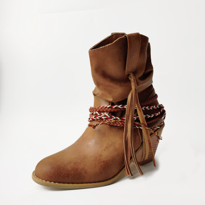 Retro Distressed Solid Color Round Toe Ankle Boots