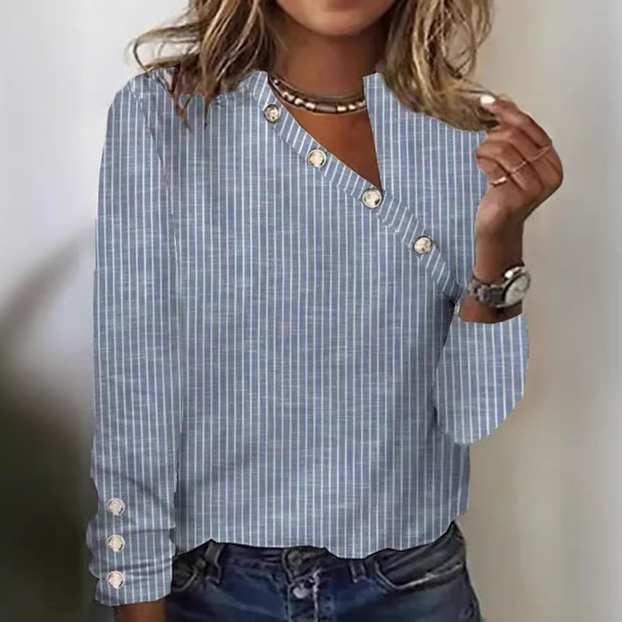 V Neck Casual Stripe Print Long Sleeves Blouse