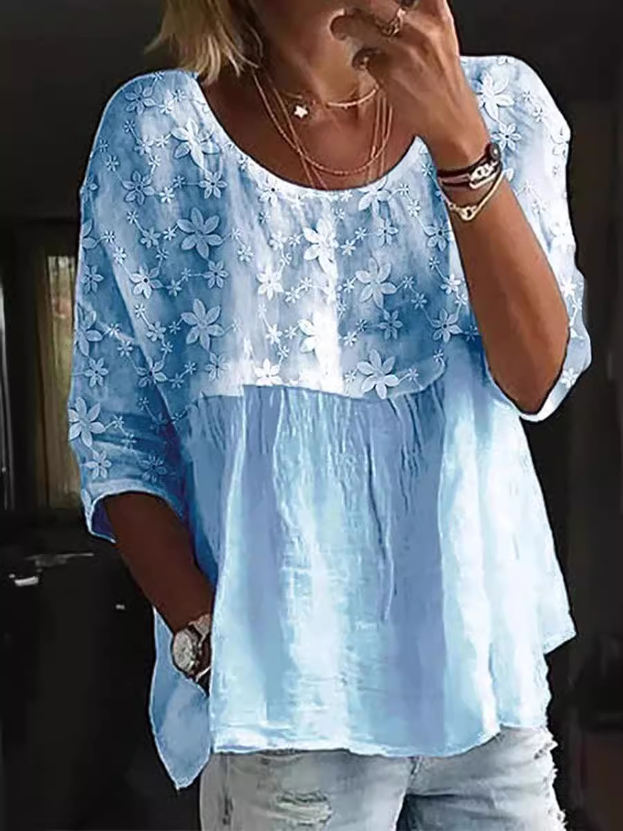 Women's Lace Embroidery Patchwork Loose Crew Neck Split Joint Shirt