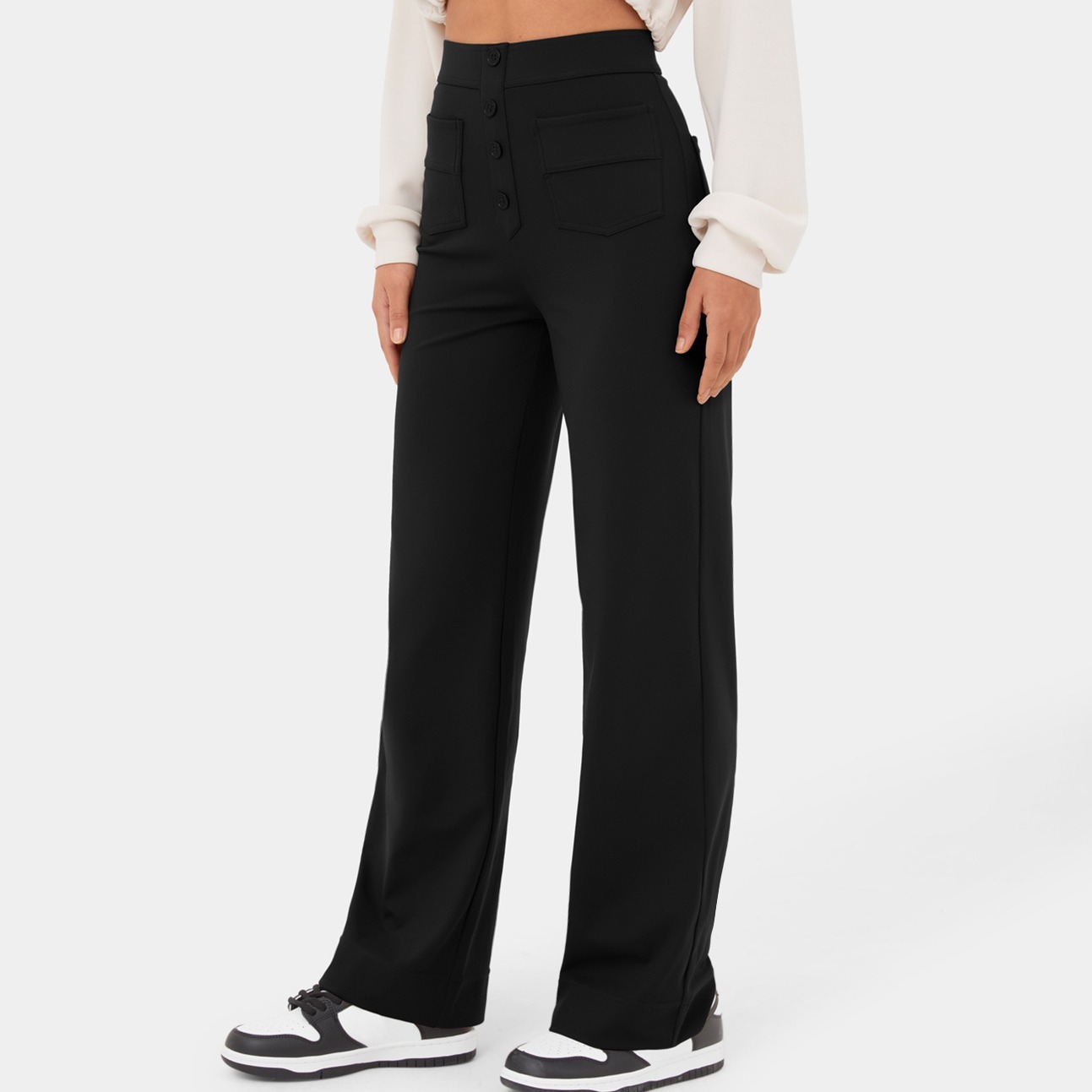 High Waisted Button Multiple Pockets Straight Leg Casual Pants
