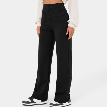 High Waisted Button Multiple Pockets Straight Leg Casual Pants