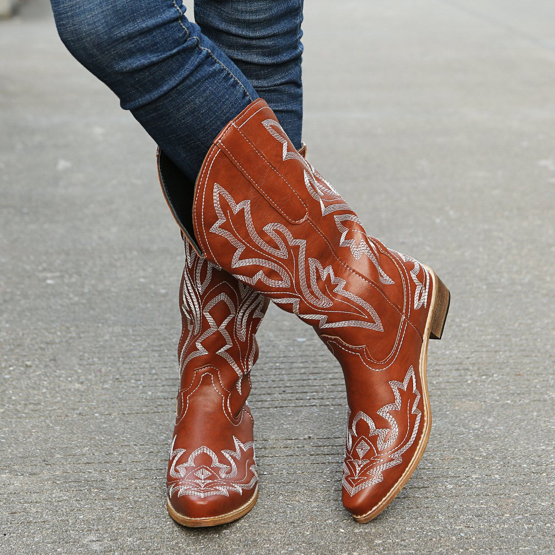 Women‘s Flower Embroidery Mid Calf Cowboy Boots Embroidery