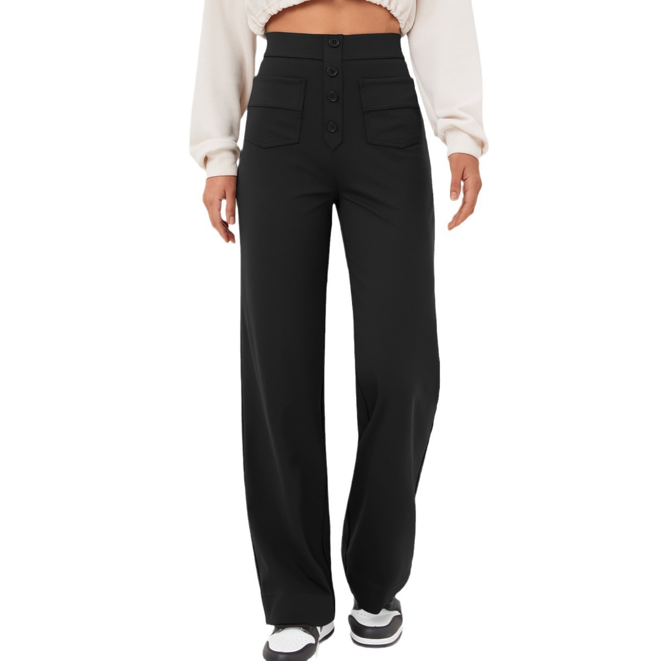 High Waisted Button Multiple Pockets Straight Leg Casual Pants