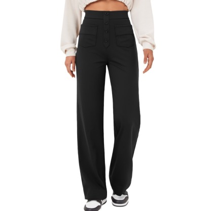 High Waisted Button Multiple Pockets Straight Leg Casual Pants