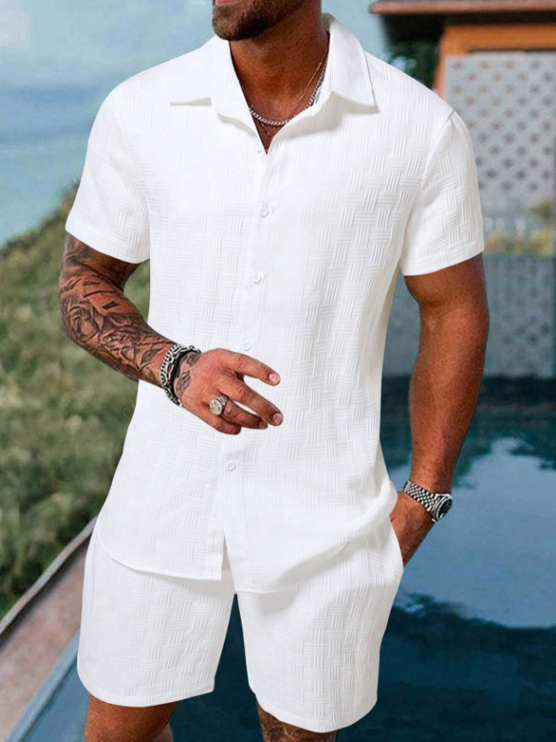 Men's Textured Solid Color Lapel Short-sleeved Shirt