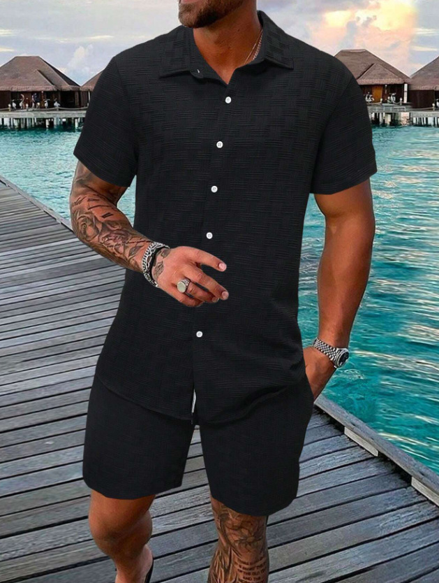 Men's Textured Solid Color Lapel Short-sleeved Shirt